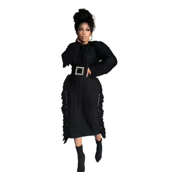 Women Fashion Solid Color Round Neck Long Sleeve Knitted Tassel Edge Dress - Image 4