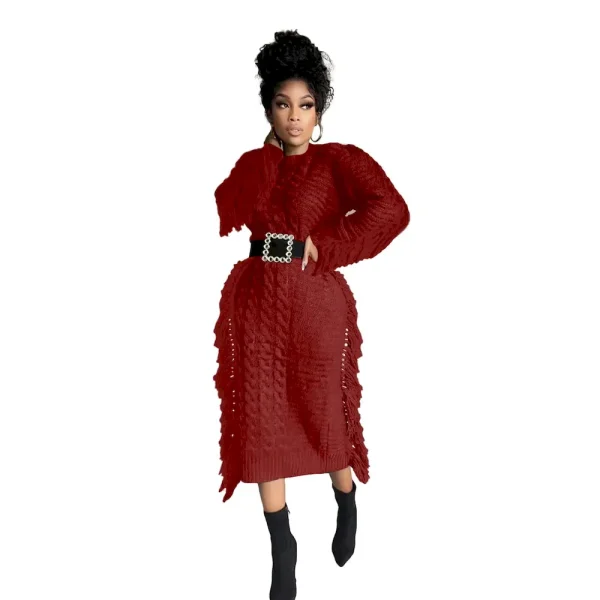 Women Fashion Solid Color Round Neck Long Sleeve Knitted Tassel Edge Dress - Image 5