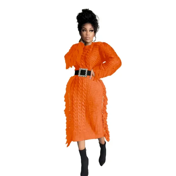 Women Fashion Solid Color Round Neck Long Sleeve Knitted Tassel Edge Dress - Image 6