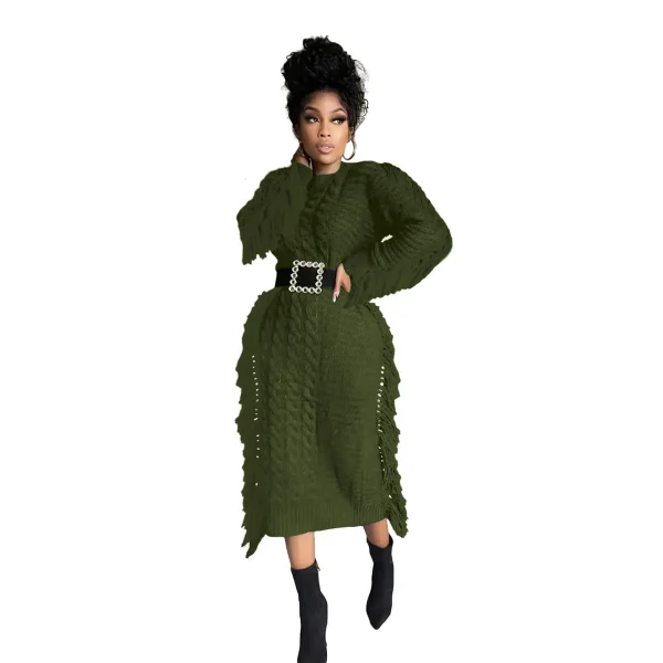 Women Fashion Solid Color Round Neck Long Sleeve Knitted Tassel Edge Dress - Image 7