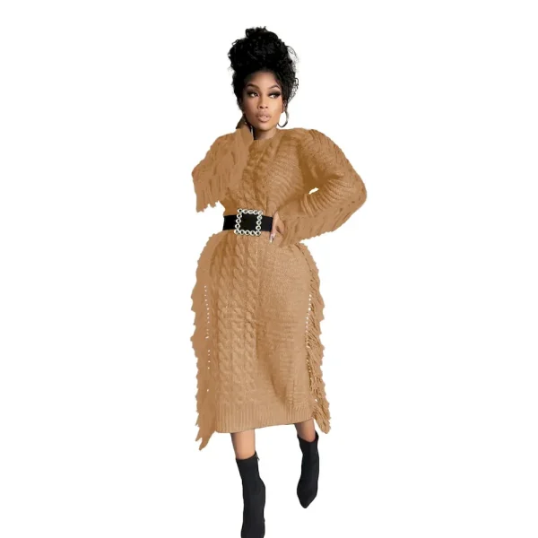 Women Fashion Solid Color Round Neck Long Sleeve Knitted Tassel Edge Dress - Image 8