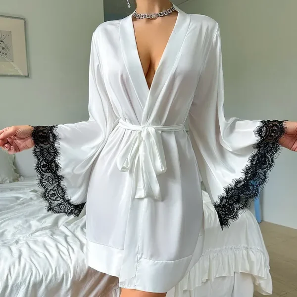 Women Fashion Sexy V-Neck Lace Long Sleeve Satin Home Pajamas