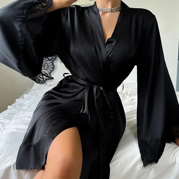 Women Fashion Sexy V-Neck Lace Long Sleeve Satin Home Pajamas - Image 2