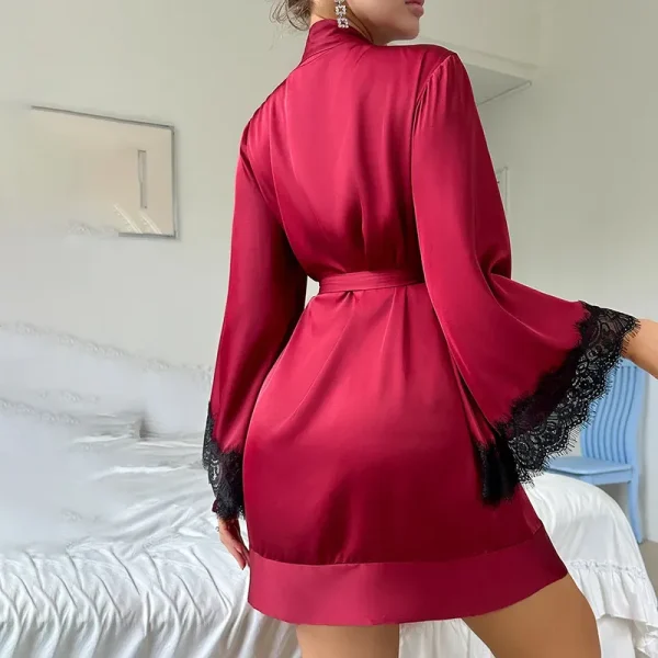 Women Fashion Sexy V-Neck Lace Long Sleeve Satin Home Pajamas - Image 3
