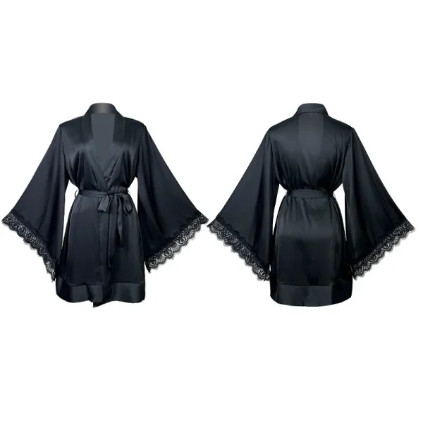 Women Fashion Sexy V-Neck Lace Long Sleeve Satin Home Pajamas - Image 4