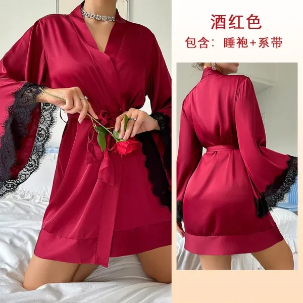 Women Fashion Sexy V-Neck Lace Long Sleeve Satin Home Pajamas - Image 5