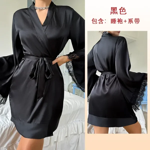 Women Fashion Sexy V-Neck Lace Long Sleeve Satin Home Pajamas - Image 6