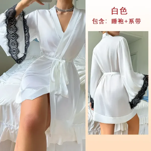 Women Fashion Sexy V-Neck Lace Long Sleeve Satin Home Pajamas - Image 7