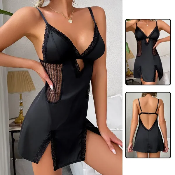 Women Fashion Sexy Deep V Lace Sling Satin Sleepwear - Image 2