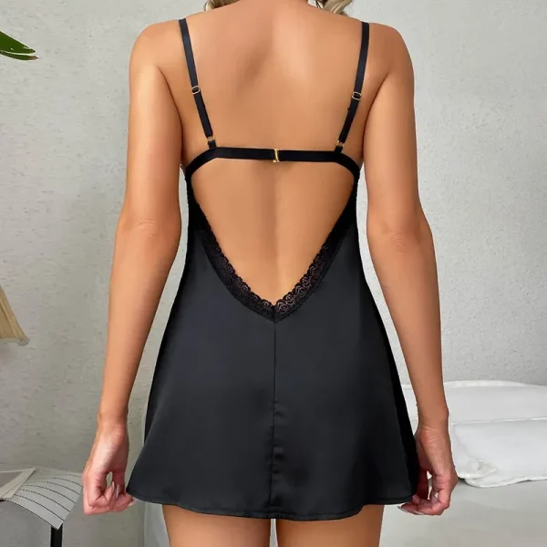 Women Fashion Sexy Deep V Lace Sling Satin Sleepwear - Image 3