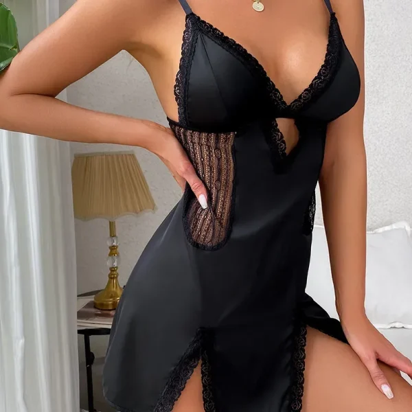 Women Fashion Sexy Deep V Lace Sling Satin Sleepwear - Image 4