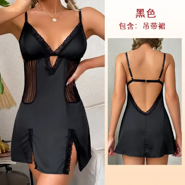 Women Fashion Sexy Deep V Lace Sling Satin Sleepwear - Image 5