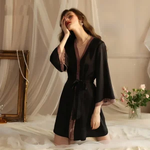 Women Fashion Sexy V-Neck Long Sleeve Silk Lace Home Pajamas