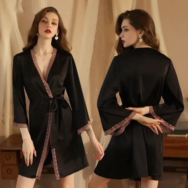 Women Fashion Sexy V-Neck Long Sleeve Silk Lace Home Pajamas - Image 2