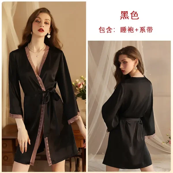 Women Fashion Sexy V-Neck Long Sleeve Silk Lace Home Pajamas - Image 6
