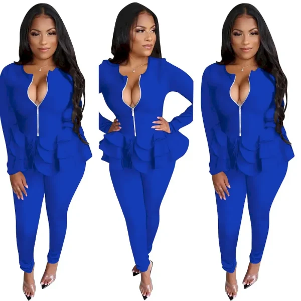 Women Casual Solid Color Ruffled Long-Sleeved Zipper Top Pants Two-Piece Set - Image 2