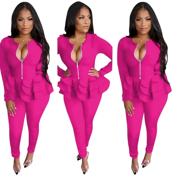 Women Casual Solid Color Ruffled Long-Sleeved Zipper Top Pants Two-Piece Set - Image 3