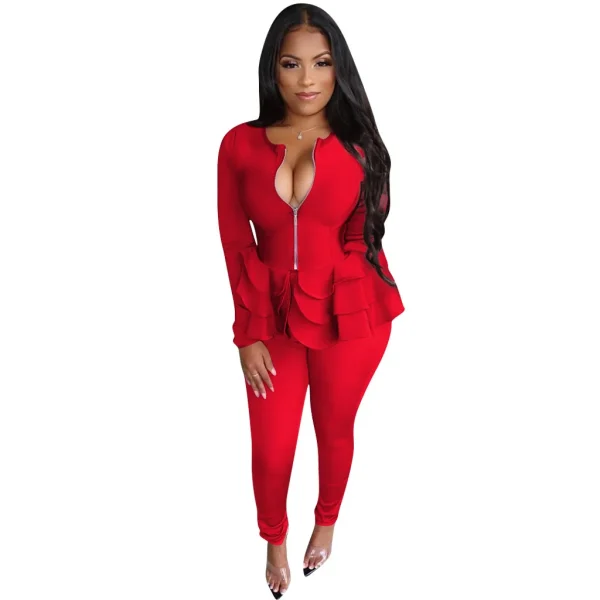 Women Casual Solid Color Ruffled Long-Sleeved Zipper Top Pants Two-Piece Set - Image 5