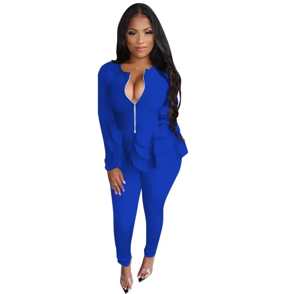 Women Casual Solid Color Ruffled Long-Sleeved Zipper Top Pants Two-Piece Set - Image 7