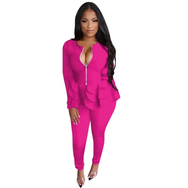 Women Casual Solid Color Ruffled Long-Sleeved Zipper Top Pants Two-Piece Set - Image 8