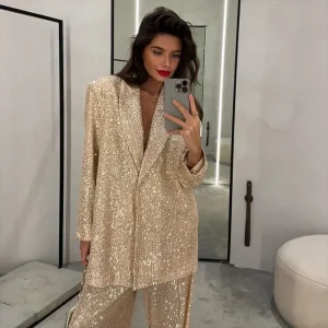 Women Fashion Casual V-Neck Sequin Long Sleeve Blazer Jacket Pants
