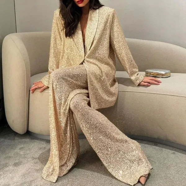 Women Fashion Casual V-Neck Sequin Long Sleeve Blazer Jacket Pants - Image 4