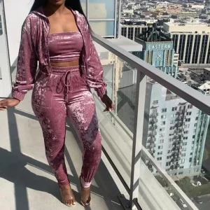 Women Fashion Sexy Strapless Vest Long-Sleeved Zipper Jacket Drawstring Tight Pants Three-Piece Set