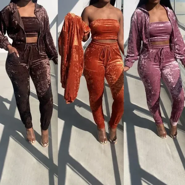 Women Fashion Sexy Strapless Vest Long-Sleeved Zipper Jacket Drawstring Tight Pants Three-Piece Set - Image 2