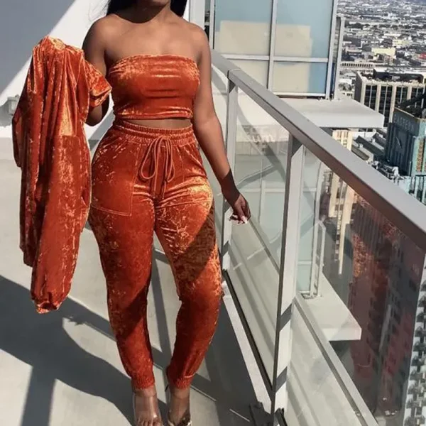 Women Fashion Sexy Strapless Vest Long-Sleeved Zipper Jacket Drawstring Tight Pants Three-Piece Set - Image 3