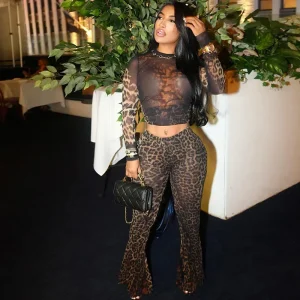 Autumn Women Fashion Leopard Print Round Neck Long Sleeve Crop Top High Waist Pants Two-Piece Set