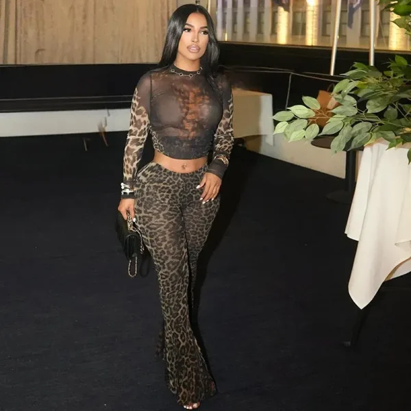 Autumn Women Fashion Leopard Print Round Neck Long Sleeve Crop Top High Waist Pants Two-Piece Set - Image 2