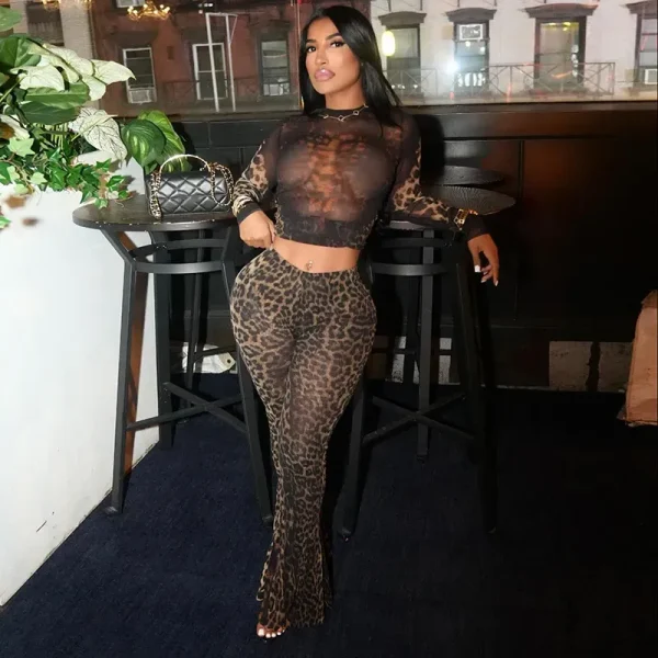 Autumn Women Fashion Leopard Print Round Neck Long Sleeve Crop Top High Waist Pants Two-Piece Set - Image 3