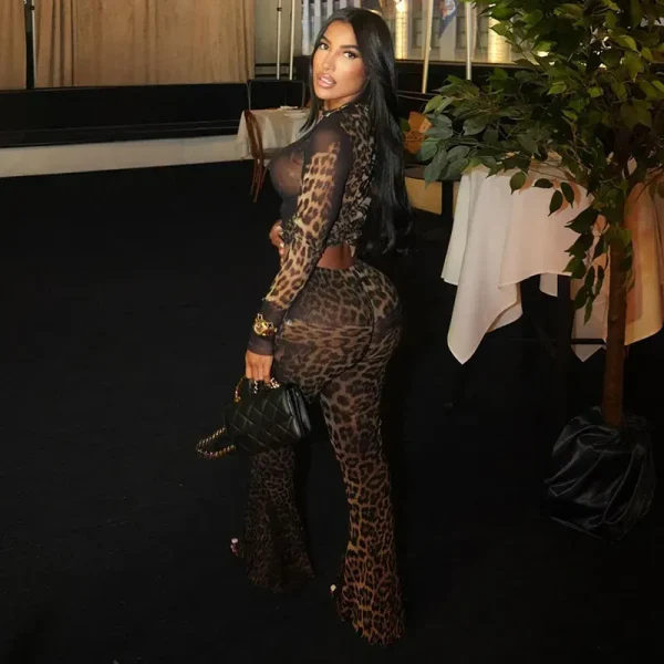 Autumn Women Fashion Leopard Print Round Neck Long Sleeve Crop Top High Waist Pants Two-Piece Set - Image 4