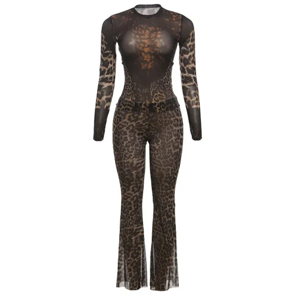 Autumn Women Fashion Leopard Print Round Neck Long Sleeve Crop Top High Waist Pants Two-Piece Set - Image 5