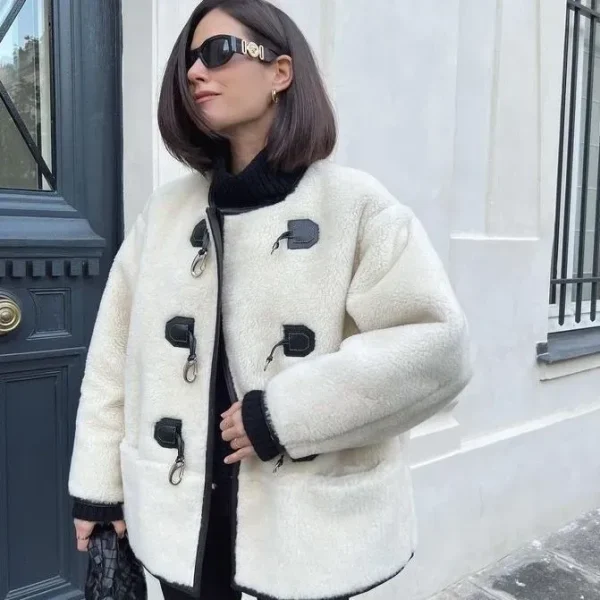 Autumn Winter Women Fashion Warm Cashmere Metal Lock Design Cardigan Jacket - Image 2