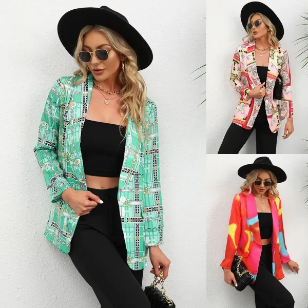 Women Fashion Casual Plaid Starfish Print Lasel Button Long Sleeve Coat - Image 2