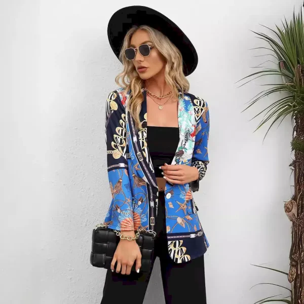 Women Fashion Casual Plaid Starfish Print Lasel Button Long Sleeve Coat - Image 3
