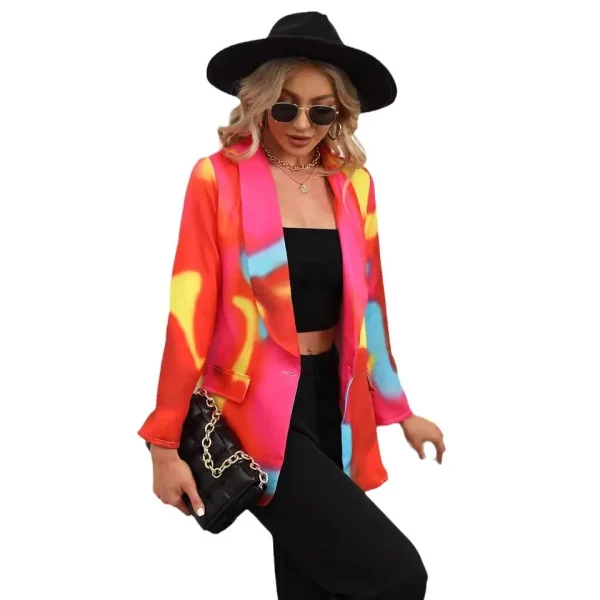 Women Fashion Casual Plaid Starfish Print Lasel Button Long Sleeve Coat - Image 5