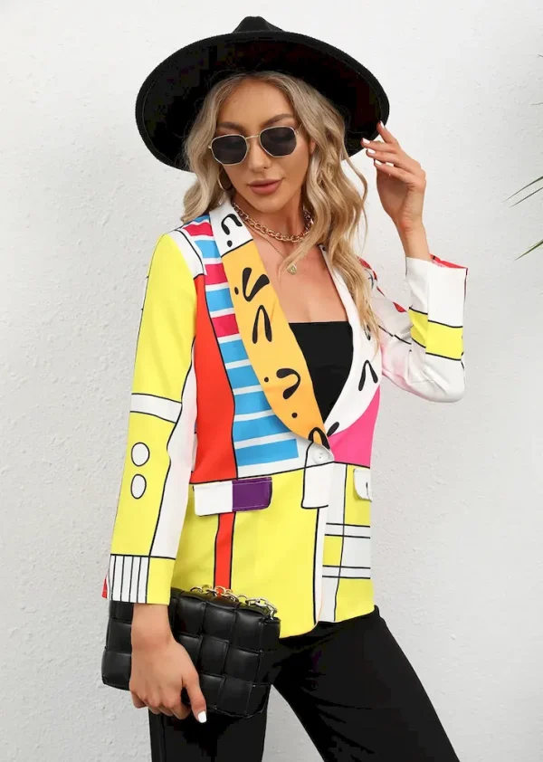 Women Fashion Casual Plaid Starfish Print Lasel Button Long Sleeve Coat - Image 6