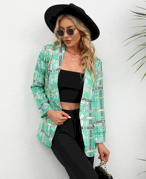 Women Fashion Casual Plaid Starfish Print Lasel Button Long Sleeve Coat - Image 7