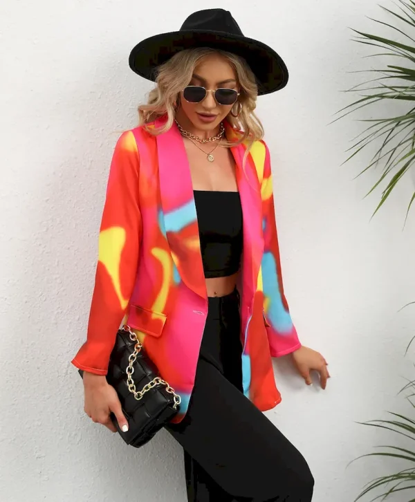 Women Fashion Casual Plaid Starfish Print Lasel Button Long Sleeve Coat - Image 8