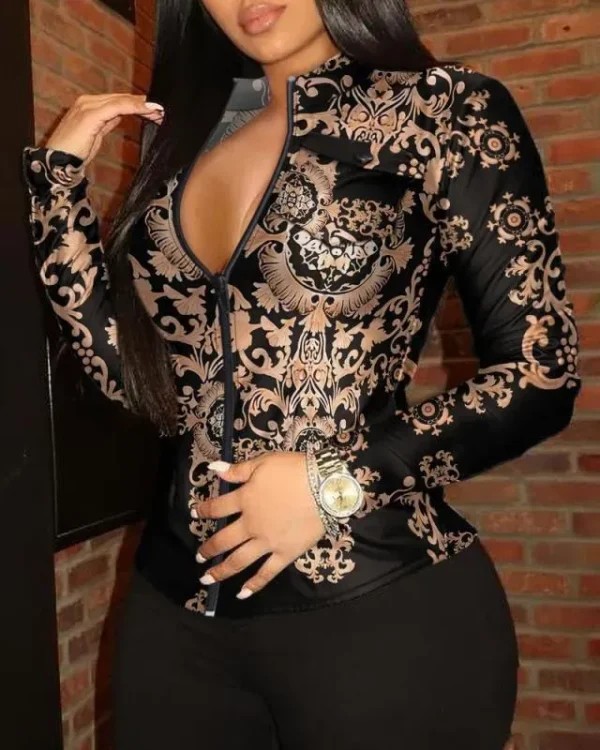 Women Fashion Loose Chain Snake Print V-Neck Button Long Sleeve Shirt - Image 5
