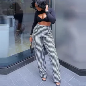 Women Casual Stripe Printed High Waist Straight Leg Pants