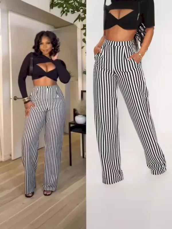 Women Casual Stripe Printed High Waist Straight Leg Pants - Image 2