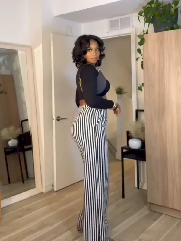 Women Casual Stripe Printed High Waist Straight Leg Pants - Image 3