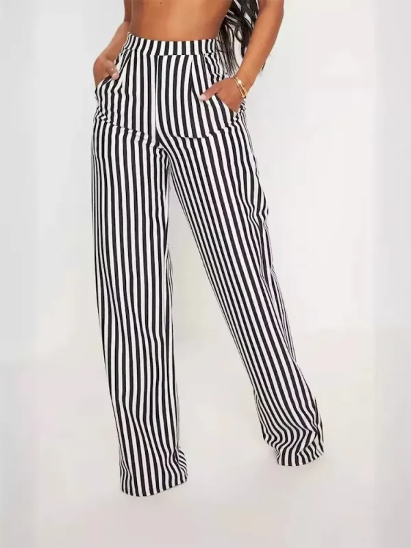 Women Casual Stripe Printed High Waist Straight Leg Pants - Image 4