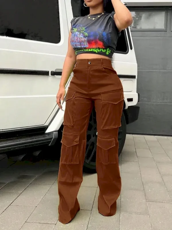 Women Fashion Retro High Waist Multi Pocket Cargo Pants - Image 2