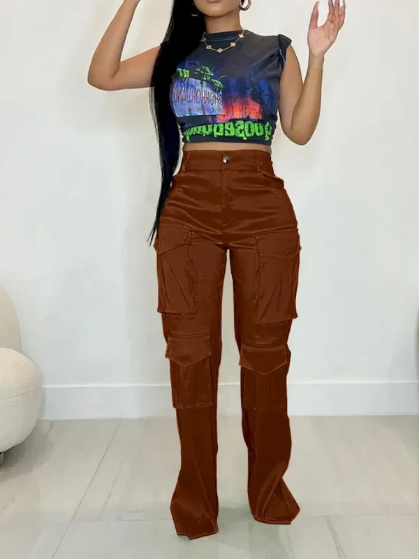 Women Fashion Retro High Waist Multi Pocket Cargo Pants - Image 4