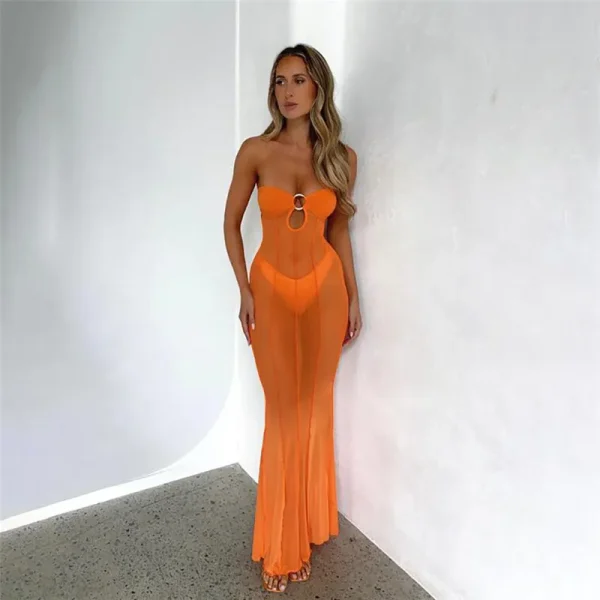 Women Fashion Sexy Boat Neck Mesh Hollow See-Through Maxi Dress - Image 6