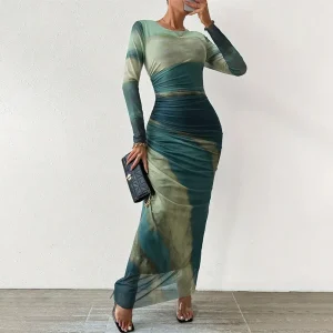 Summer Women Fashion Tie-Dye Printing Creased Round Neck Long Sleeve Tight Maxi Dress